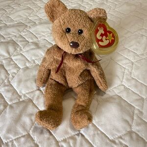 Ty Brown Plush “Curly” Beanie Bear with Red Bow